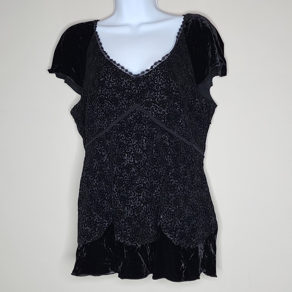 Velvet Burn Out Vintage Black Whimsygoth Y2K Goth Silk Blend Top 14P - Picture 2 of 7